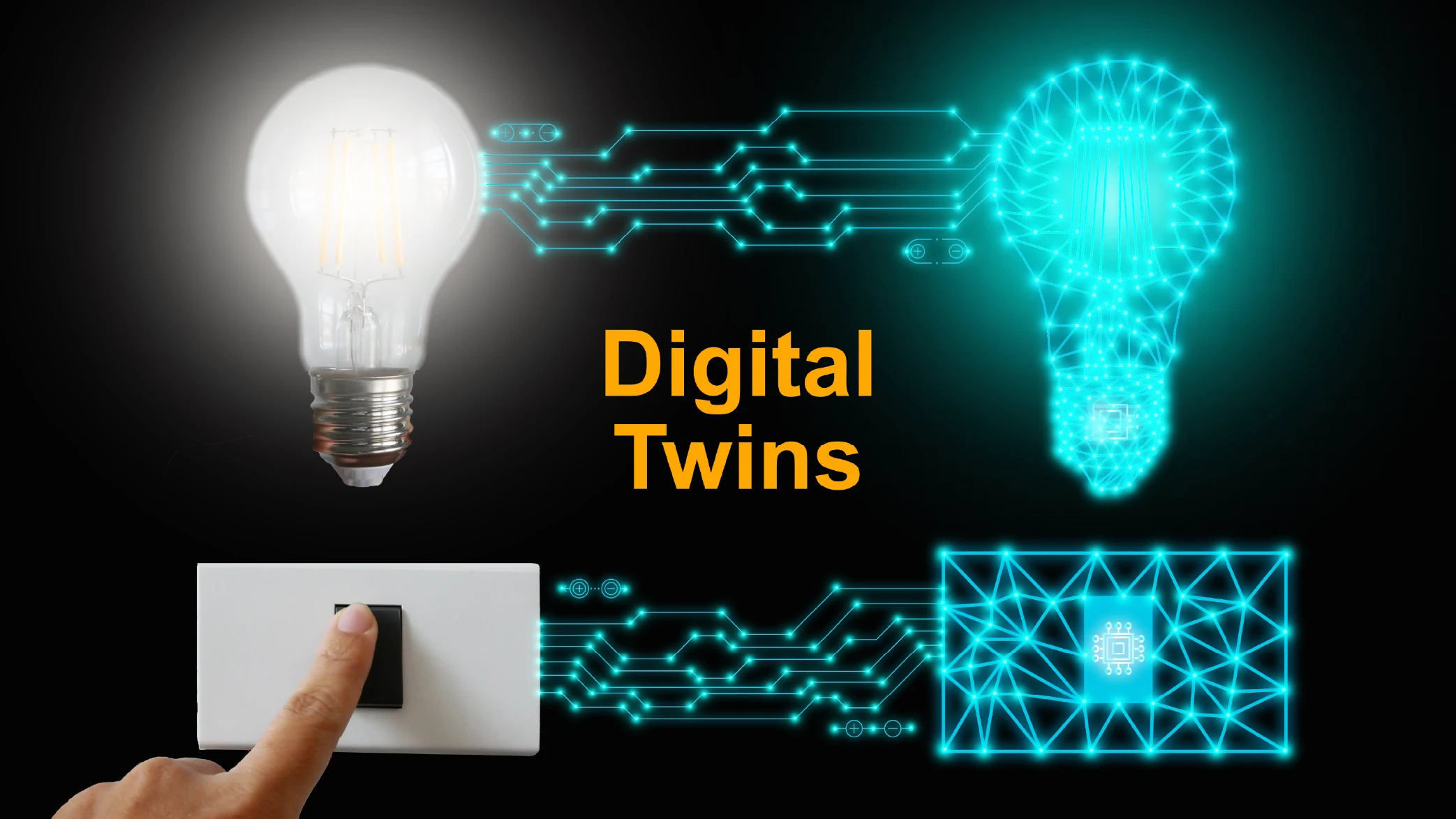 A glowing lightbulb digitally connected to a glowing digital twin lightbulb symbolizes digital transformation in electrical manufacturing. Includes text Digital Twins.