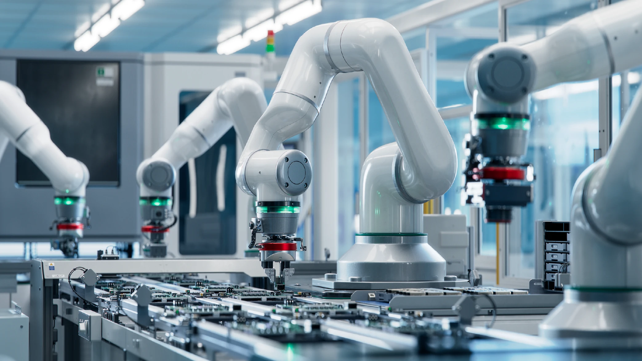 Automated robotic arms with green lights intricately assemble printed circuit boards on a sleek, modern production line. High-tech manufacturing environment.