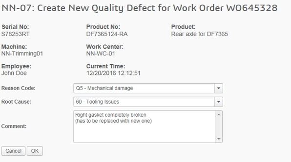 Quality Defect Cockpit Customer Screen
