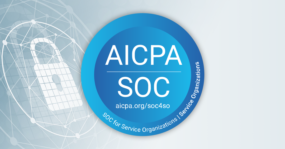 AICPA SOC for Service Organizations Logo mit einer Leiterplatten- und Vorhängeschlossgrafik auf blau-grauem Hintergrund. Text AICPA SOC aicpa.org/soc4so SOC for Service Organizations